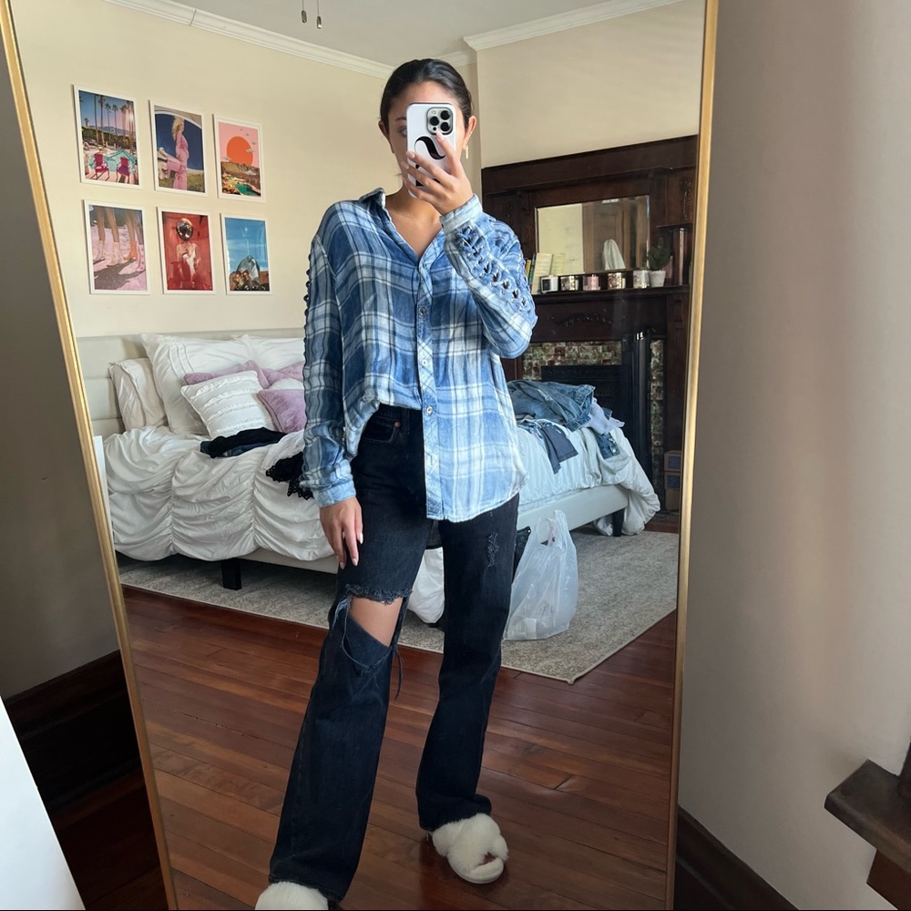 Rails lace up sleeves button down plaid top